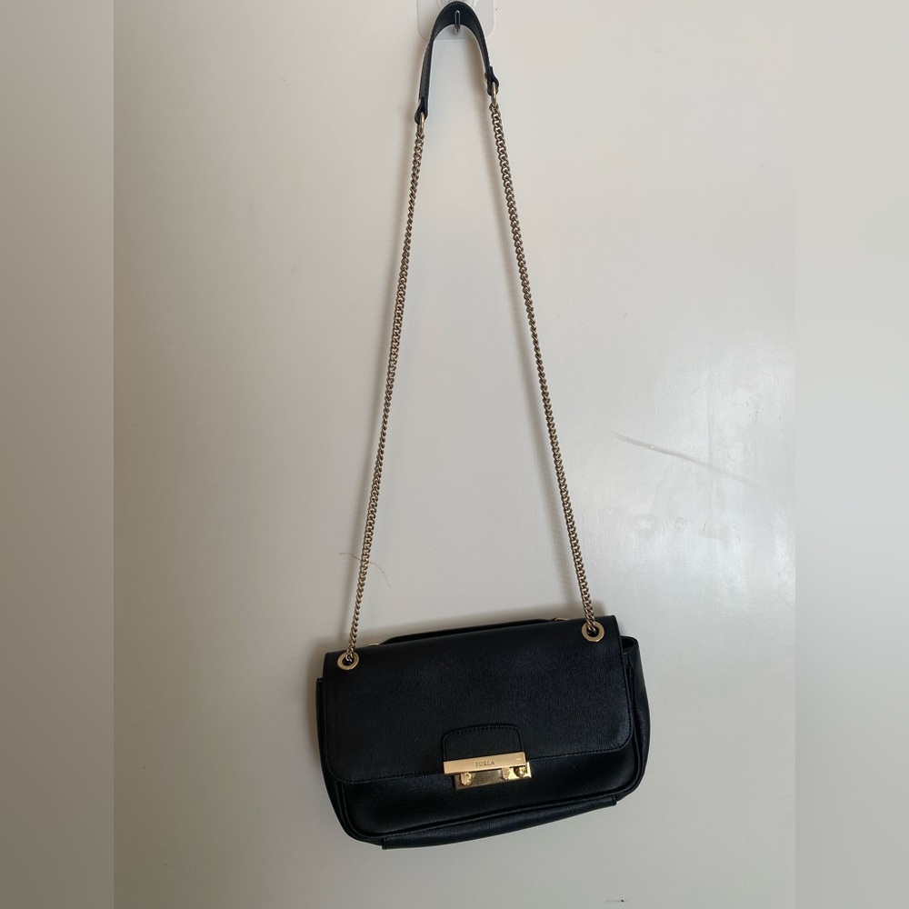 Furla Authentic Leather Black Crossbody Bag with Gold Chain